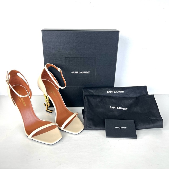 SAINT LAURENT Opyum Beige Leather Ankle Strap Open Toe Heel Sandals Sz 39 NWT - Picture 12 of 15